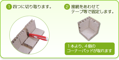四つに切り取ります。 接続をあわせてテープ等で固定します。 1本より、4個のコーナーパッドが取れます